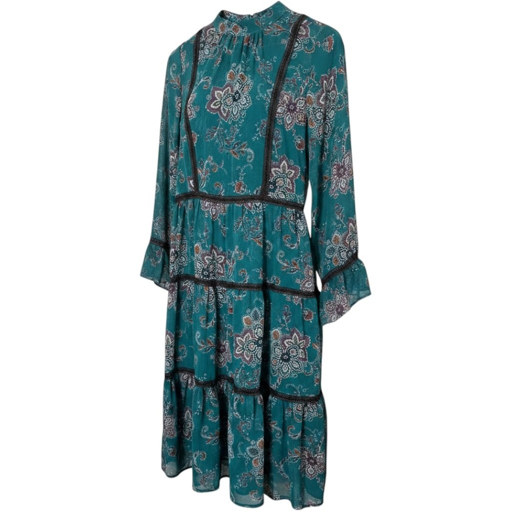 ModCloth Midi Dress Womens Small Teal Green Shear Paisley Floral Tiered Boho